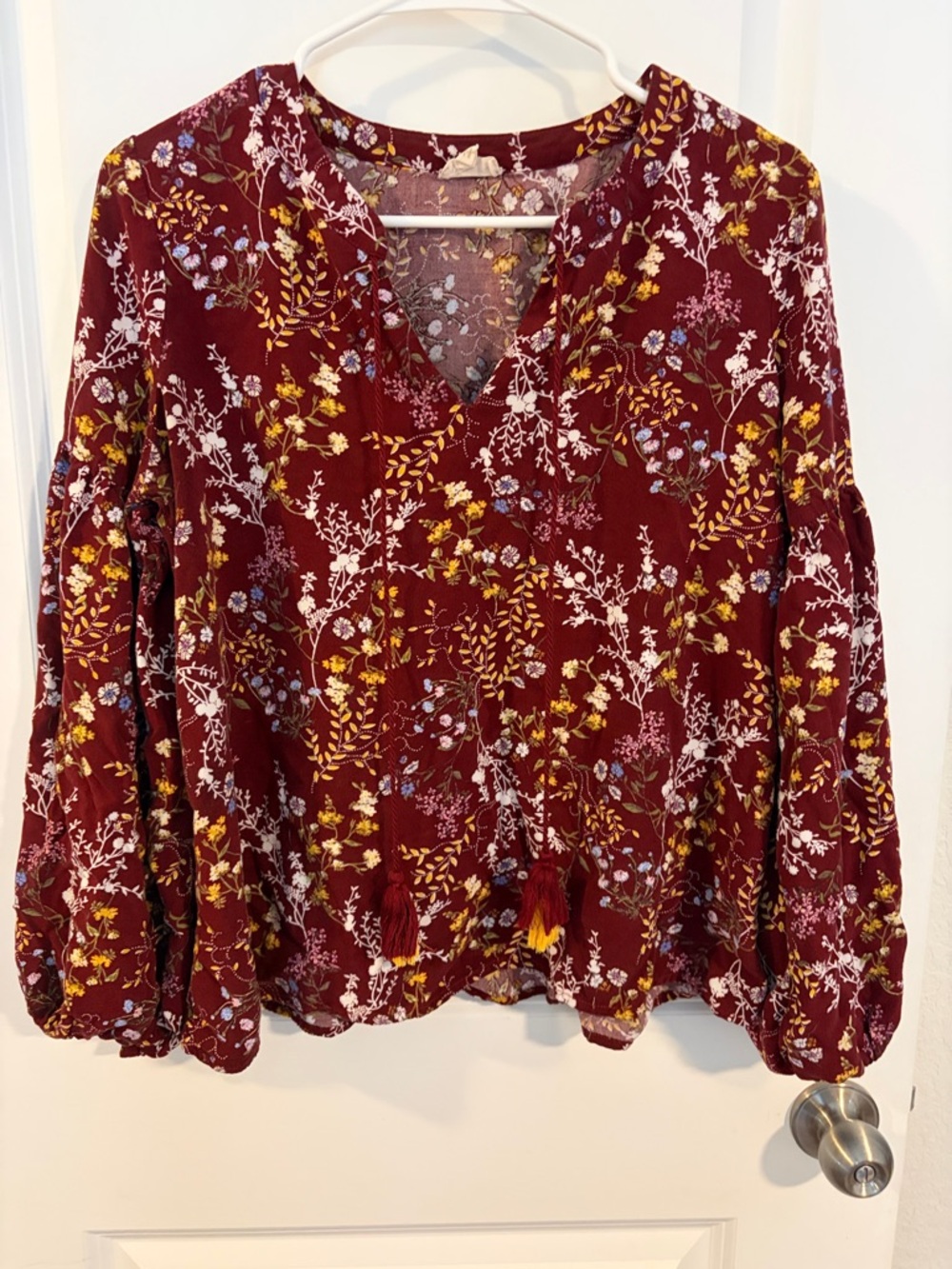 Hem & Thread Burgundy Floral V-Neck Peasant Blouse